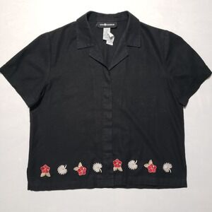Sag Harbor Linen Button Up Blouse Floral Flower Embroidered Black Womens Size 14